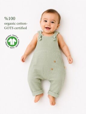 Organic Cotton Baby Overalls Green 3-6M GOTS Certified Romper